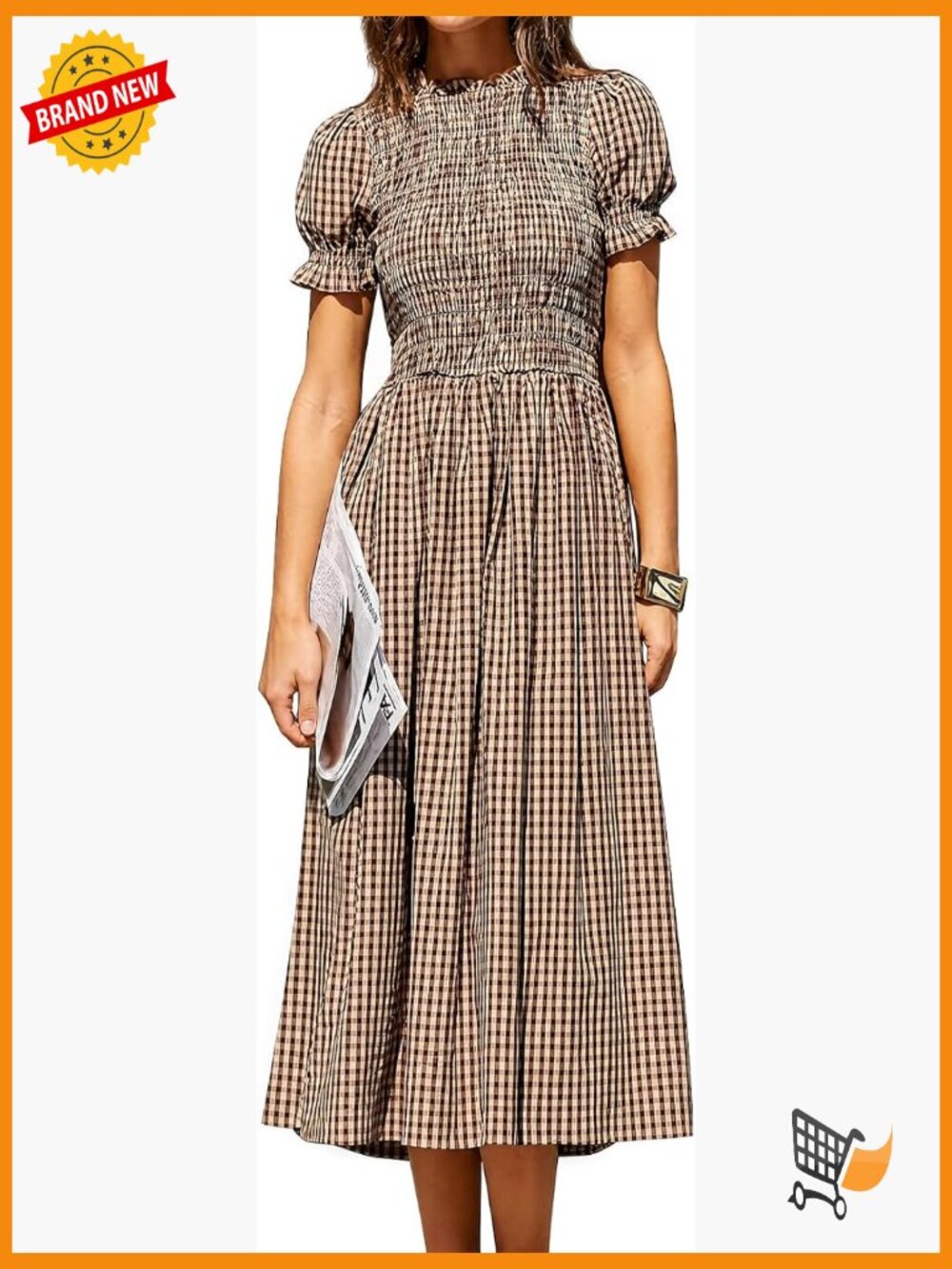 Women's Smocked A-Line Midi Dress with Puff Short Sleeves and Ruffle Trim